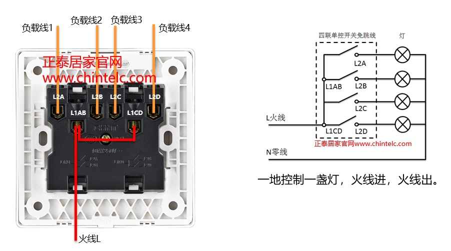 單控開關接線圖-四聯(lián)單控開關（免跳線）